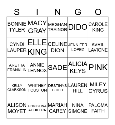 418 FEMALE ARTISTS LOVE BALLADS Bingo Card
