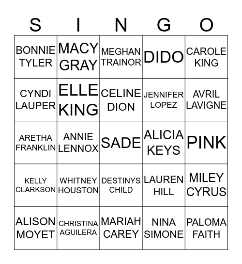 418 FEMALE ARTISTS LOVE BALLADS Bingo Card