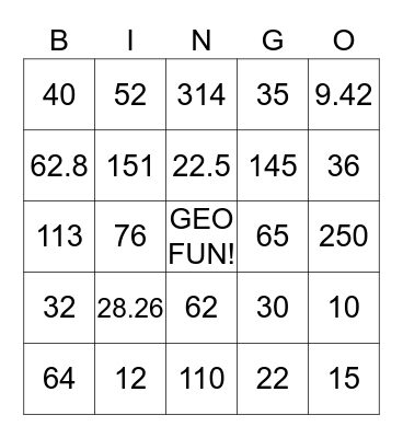 Geometry Bingo Card