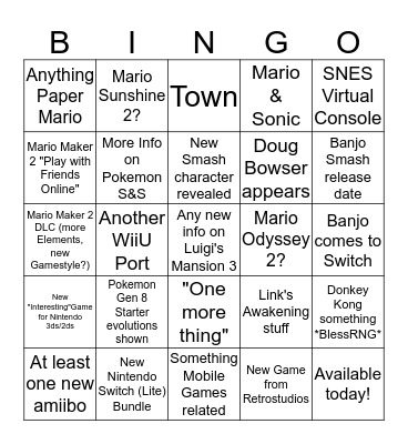 Nintendo Direct September 2019 Bingo Card