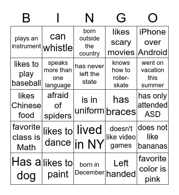 Getting to Know Your Classmates Bingo Card