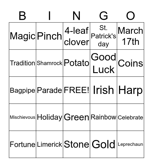 St. Patrick's Day Bingo Card