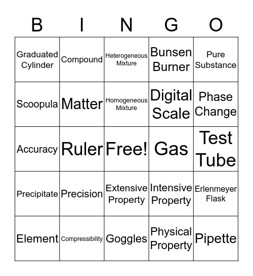 States of Matter Bingo Card