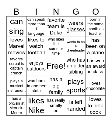 Getting to Know You!  Bingo Card