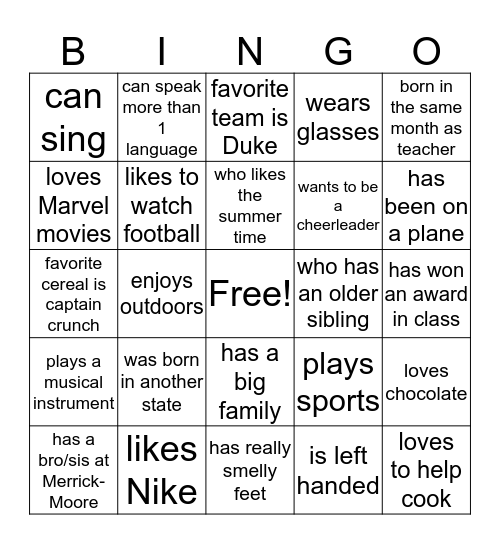 Getting to Know You!  Bingo Card