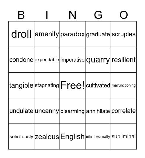 Literature Vocabulary Bingo Card