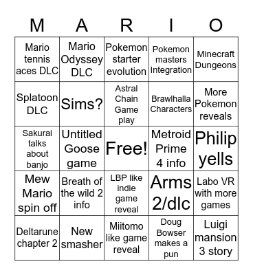 Nintendo Bingo Card