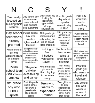 NCSY SUMMER Bingo Card