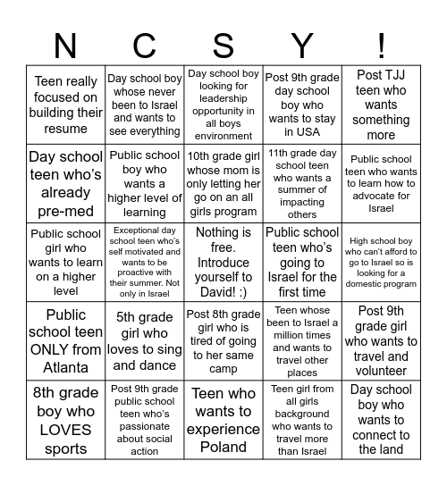 NCSY SUMMER Bingo Card