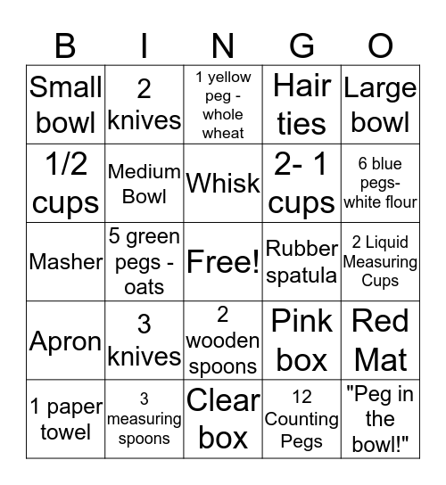 Cookie Factory UTENSIL Bingo Card