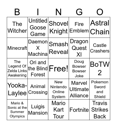 Nintendo Direct Bingo Card