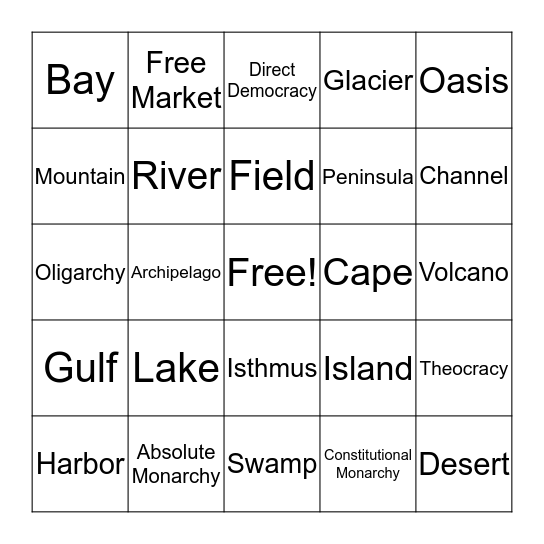 Landform Bingo Card