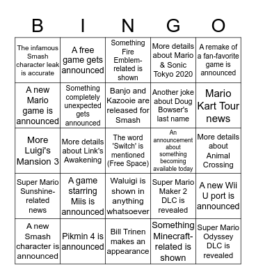 Nintendo Direct September 2019 Bingo Card