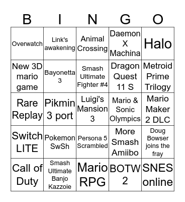 Nintendo Direct 9/4/19 Bingo Card