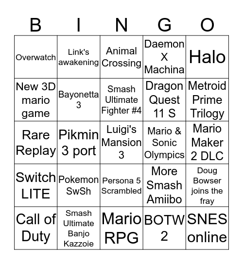Nintendo Direct 9/4/19 Bingo Card