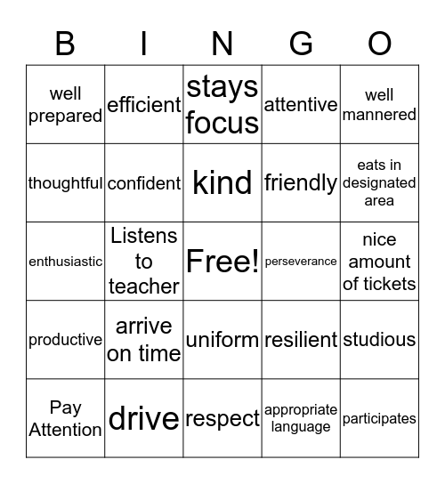 A Student  Bingo Card