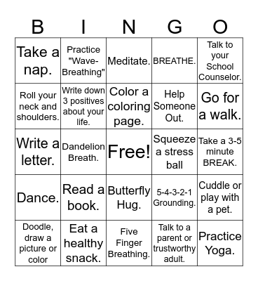 Stress & Anger Management BINGO Card