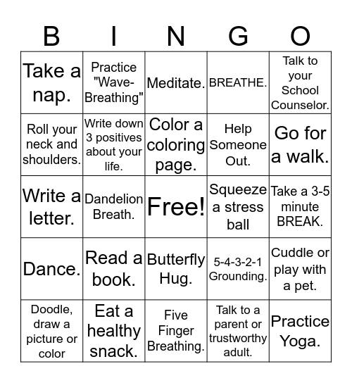 Stress & Anger Management BINGO Card