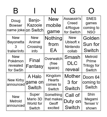 Nintendo Direct 09/04/2019 Bingo Card