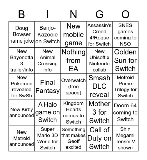 Nintendo Direct 09/04/2019 Bingo Card