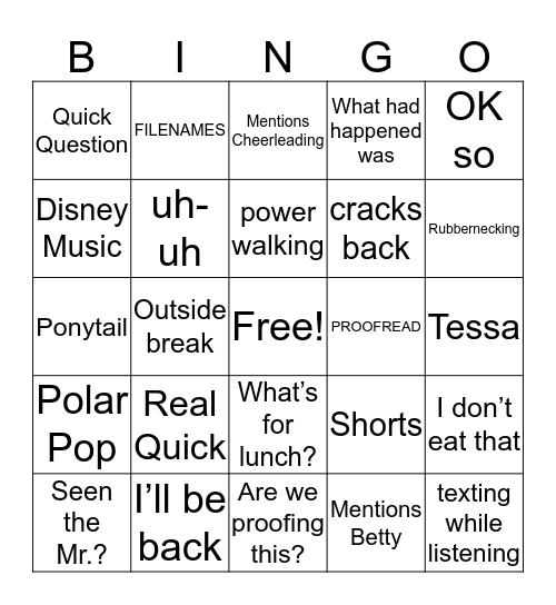 Stacy Bingo Card