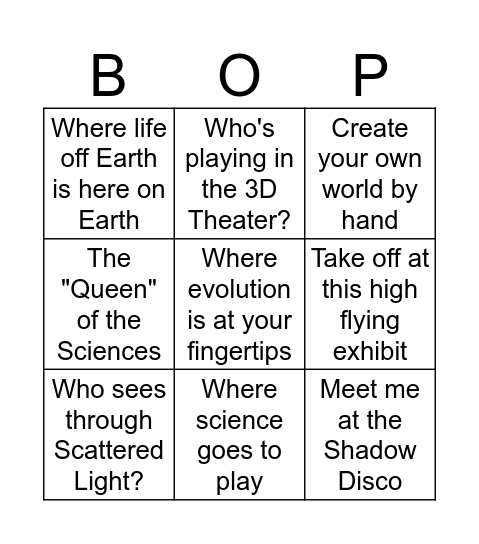 NYC HALL OF SCIENCE BOP Bingo Card