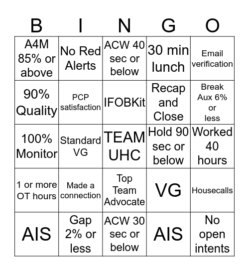 UHC Bingo Card