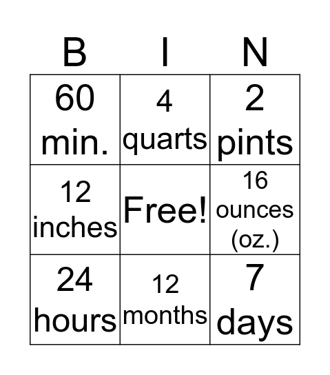 Quick Conversions Bingo Card