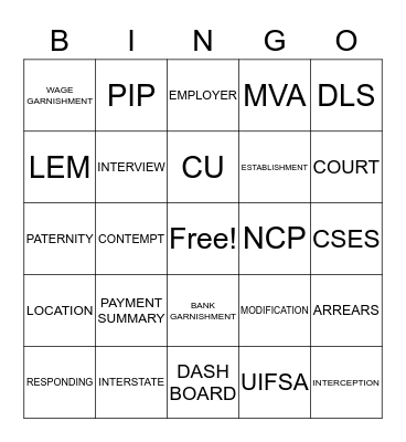 CHILD SUPPORT BINGO Card