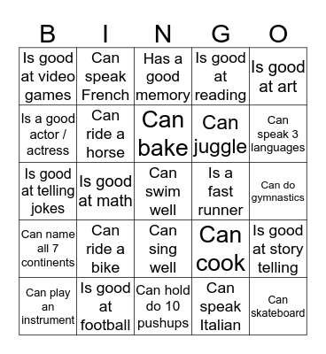 Skills Bingo Card