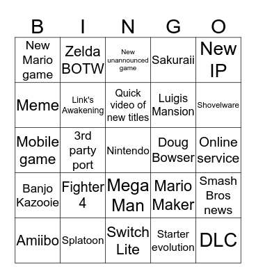 Nintendo Direct Bingo Card