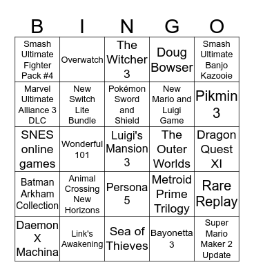 Nintendo Direct 9/4/2019 Predictions Bingo Card