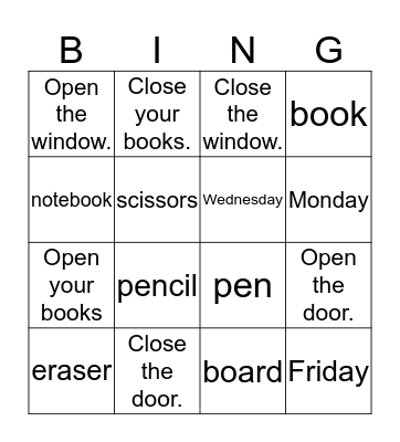 Classroom, days Bingo Card