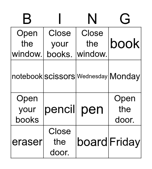 Classroom, days Bingo Card