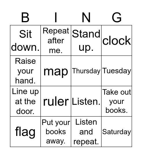Days, classroom Bingo Card