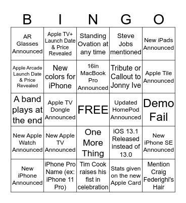 iPhone Event 2019 Bingo Card