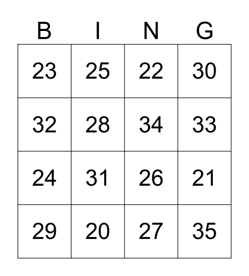 Number 20-35 Bingo Card