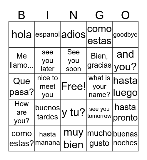 Spanish Greetings Bingo Card