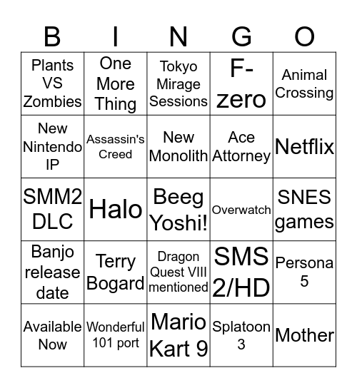 Nintendo Direct 5-9-2019 Bingo Card