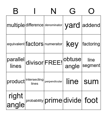 Math Vocabulary Bingo Card