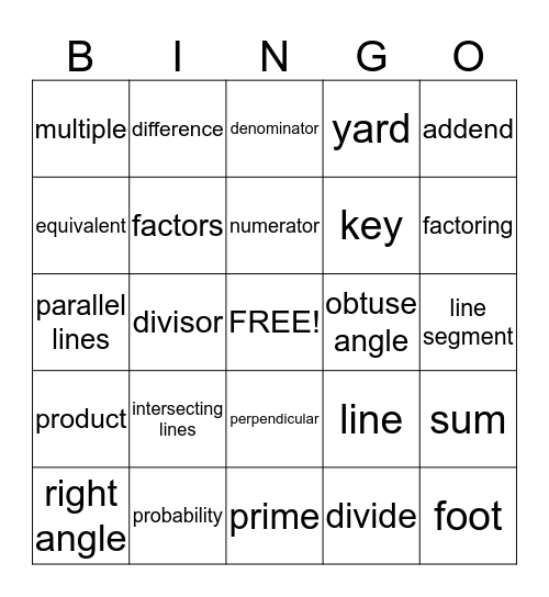 Math Vocabulary Bingo Card