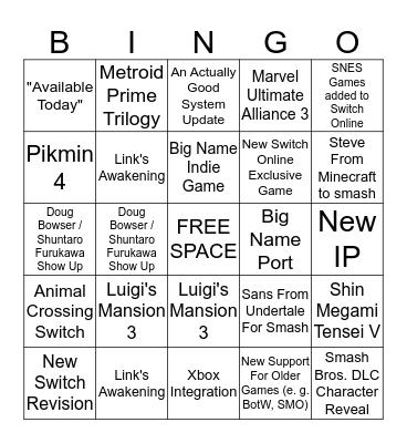 Nintendo Direct Bingo Card