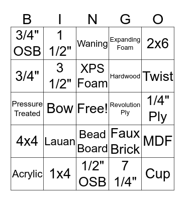 Materials Bingo Card
