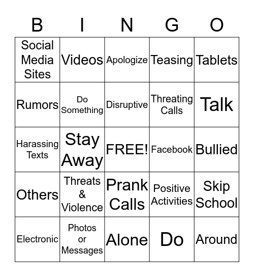 Bullying Bingo Card