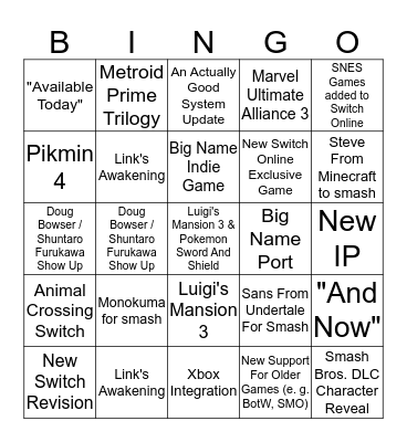 Nintendo Direct Bingo Card