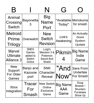 Nintendo Direct Bingo Card