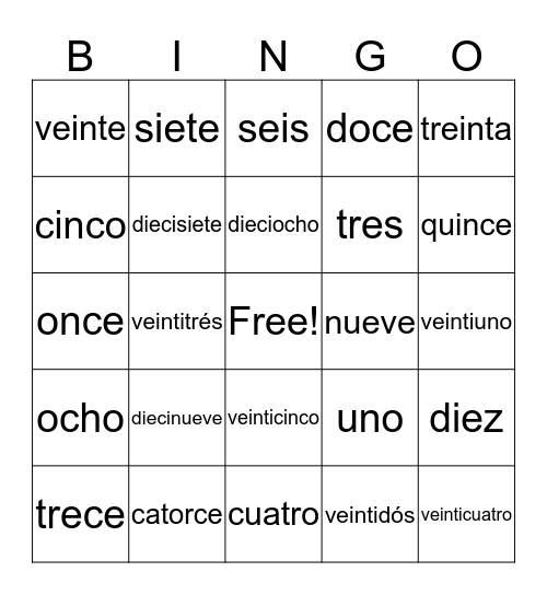 Los Numeros Bingo Card