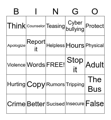 Bullying Bingo Card