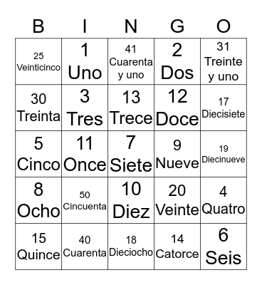 Spanish 1 Bingo Card