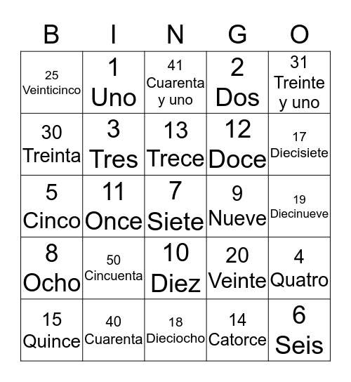 Spanish 1 Bingo Card